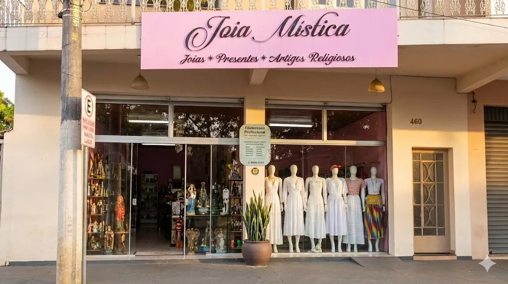 Interior da loja Joia Mística Laroyê, organizada e iluminada
