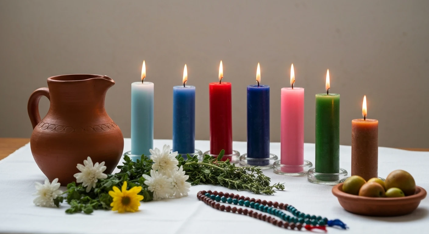 Congá de umbanda com sete velas coloridas acesas representando as sete linhas, imagens dos orixás regentes e flores frescas sob luz natural.