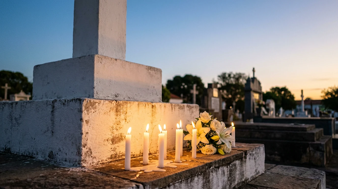 Velas brancas acesas no degrau da base caiada do cruzeiro das almas de um cemitério ao anoitecer, ao lado de um ramo de flores brancas.