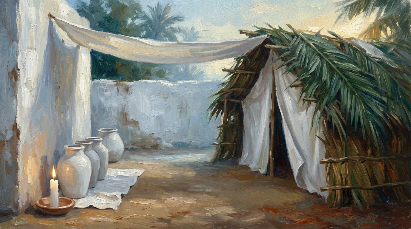 Pintura em arte sacra de uma cabana de folhas de palmeira e panos brancos num quintal de terra batida, com potes de barro branco enfileirados junto à parede caiada e uma vela branca acesa num pires