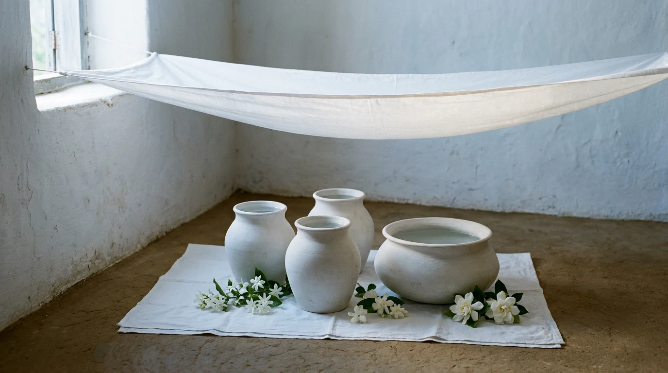 Quartinhas e potes de barro branco cheios de água sobre pano branco, diante de parede caiada, com um pano branco estendido acima como um teto.