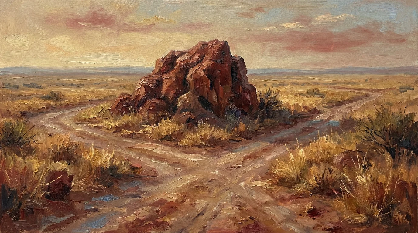 Pintura de um rochedo de laterita avermelhada numa encruzilhada de três caminhos de terra, ao amanhecer.