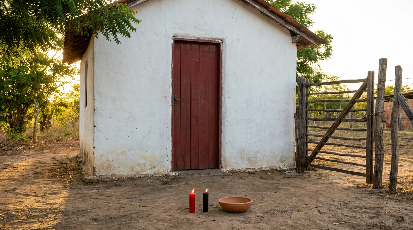 Casinha caiada de branco com porta de madeira vermelha fechada, junto ao portão de um terreiro, com uma vela vermelha e uma preta acesas no chão de terra diante da porta.