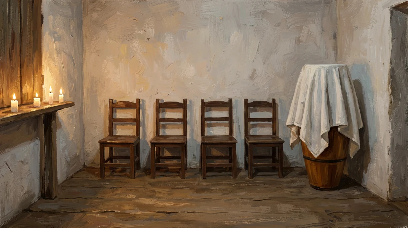 Painting of a lime-washed Batuque hall after the toque, with wooden chairs along the wall, a drum covered with a white cloth, and white candles lit on a shelf.