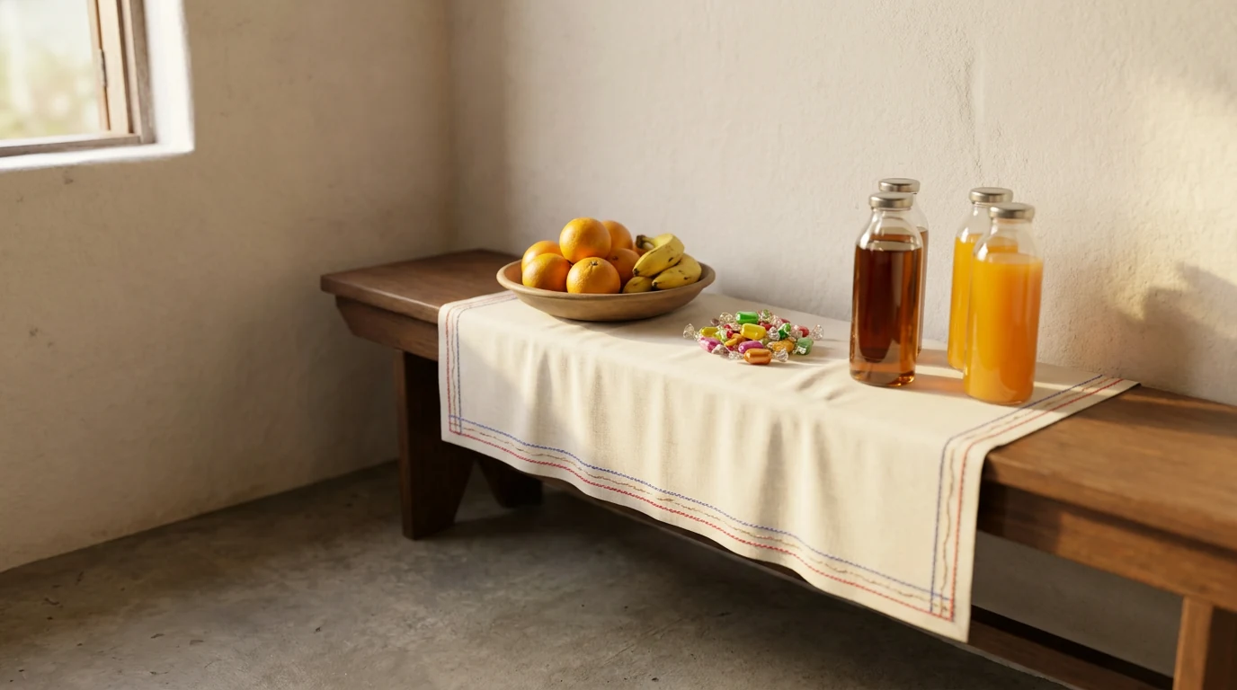 A corner of a batuque hall with a whitewashed wall, a wooden bench, and a white towel with fruits, wrapped candies, and unlabeled soda bottles.