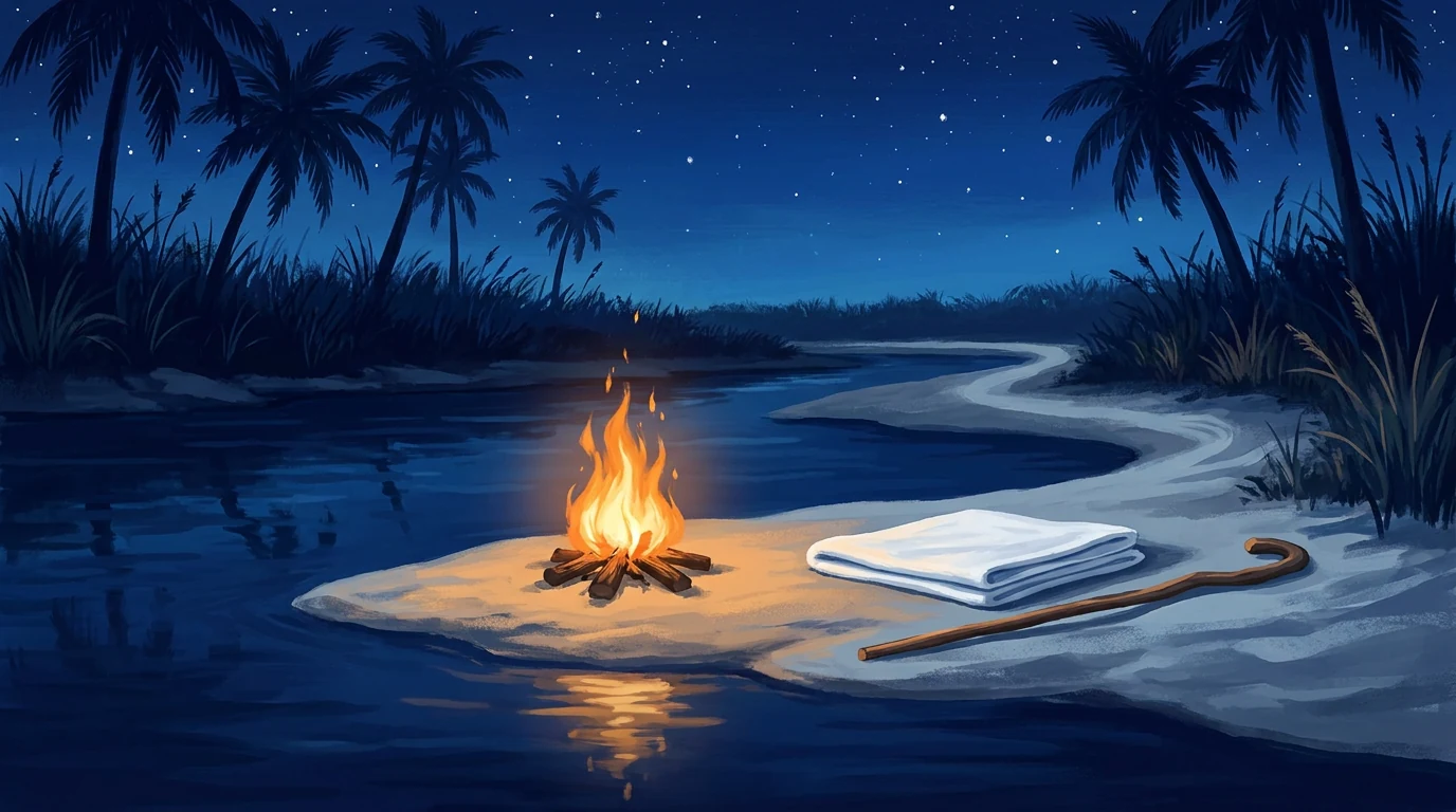 Pintura de uma margem de rio à noite com fogueira acesa na areia, pano branco dobrado e cajado de madeira ao lado, palmeiras e céu estrelado.