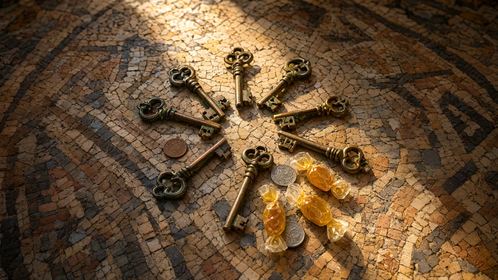 Old bronze keys arranged in a circle over a stone mosaic of a historic floor, with coins and honey candies nearby under the light of a skylight.