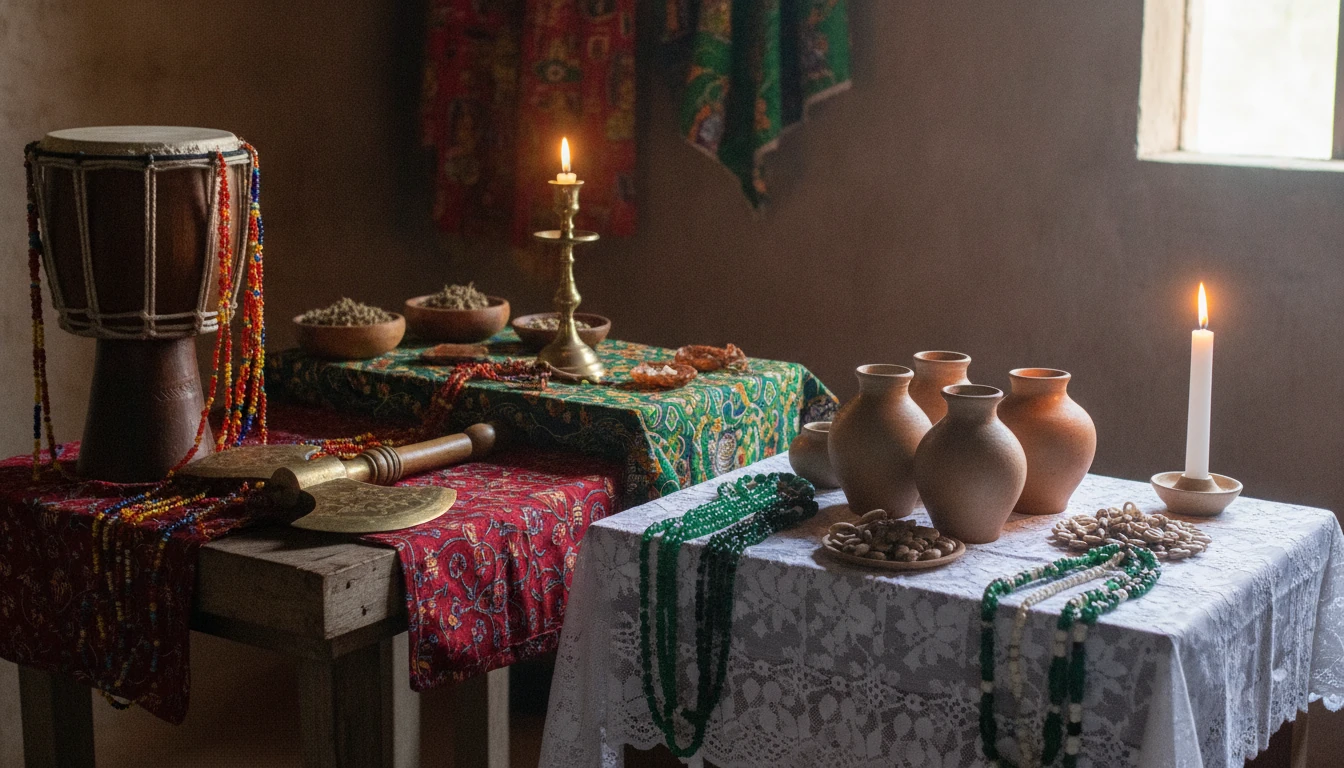 Atabaques e fios de conta coloridos ao lado de gamelas de comida de santo, evocando o batuque gaúcho e o candomblé baiano.