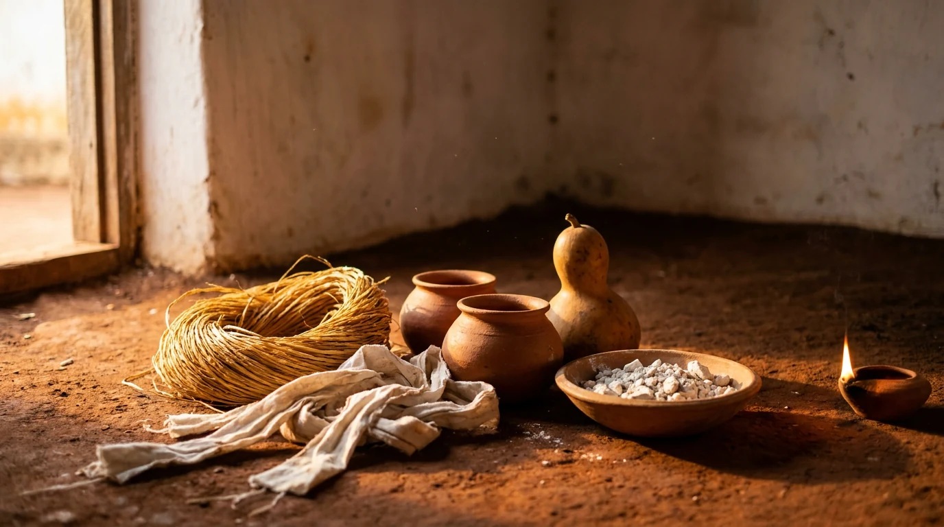 Rolo de corda de ráfia, tiras de pano branco, potes de barro, cabaça e uma tigela de pemba sobre chão de terra batida, ao lado de uma lamparina acesa num santuário caiado.