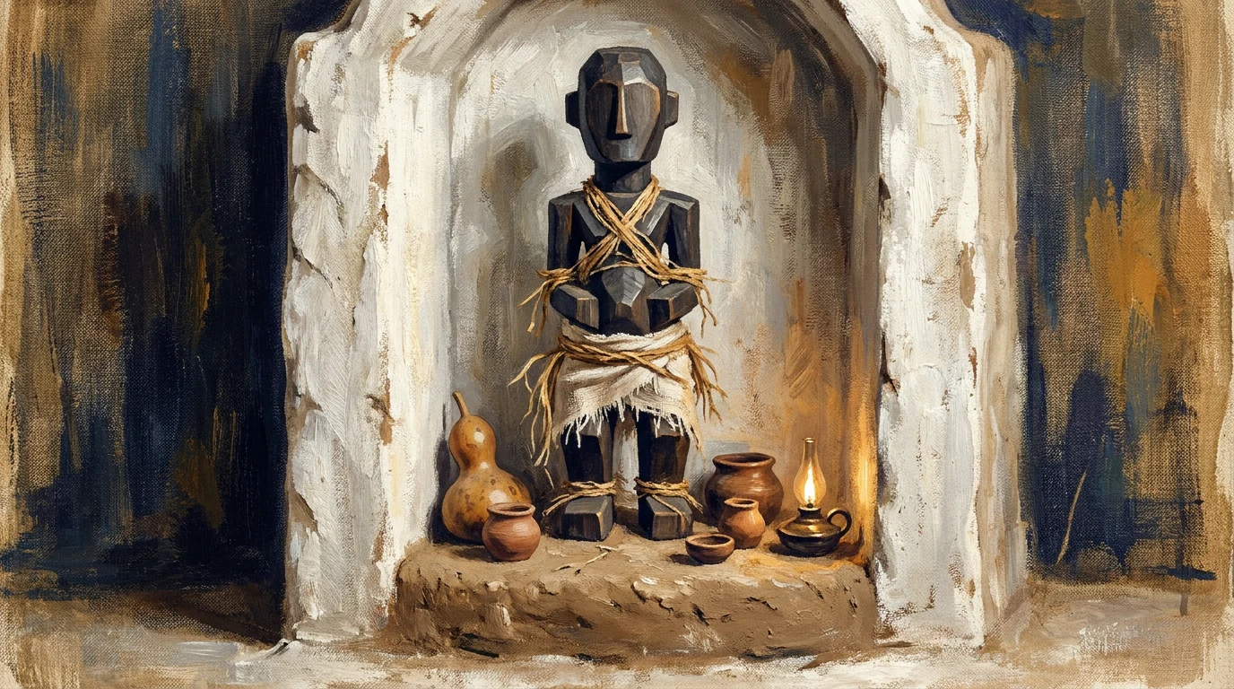 Pintura de arte sacra de uma figura protetora fon talhada em madeira escura, enrolada em cordas de ráfia e pano branco, sobre altar de barro num santuário caiado, ao lado de potes e lamparina acesa.