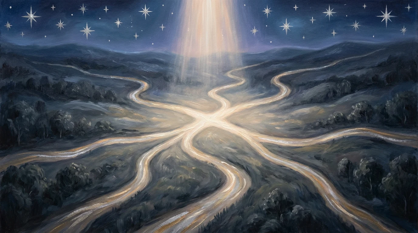 Pintura de sete caminhos que se cruzam numa paisagem noturna sob um céu estrelado, com uma coluna de luz branca sobre o cruzamento.