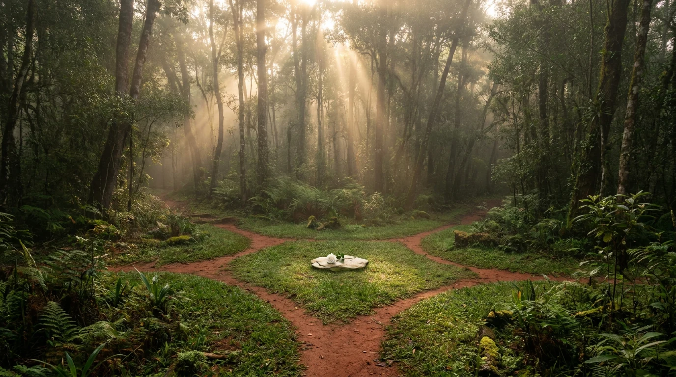 Trilhas de terra vermelha que se cruzam numa clareira da mata ao amanhecer, com névoa, raios de sol e uma rosa branca sobre uma pedra no centro.