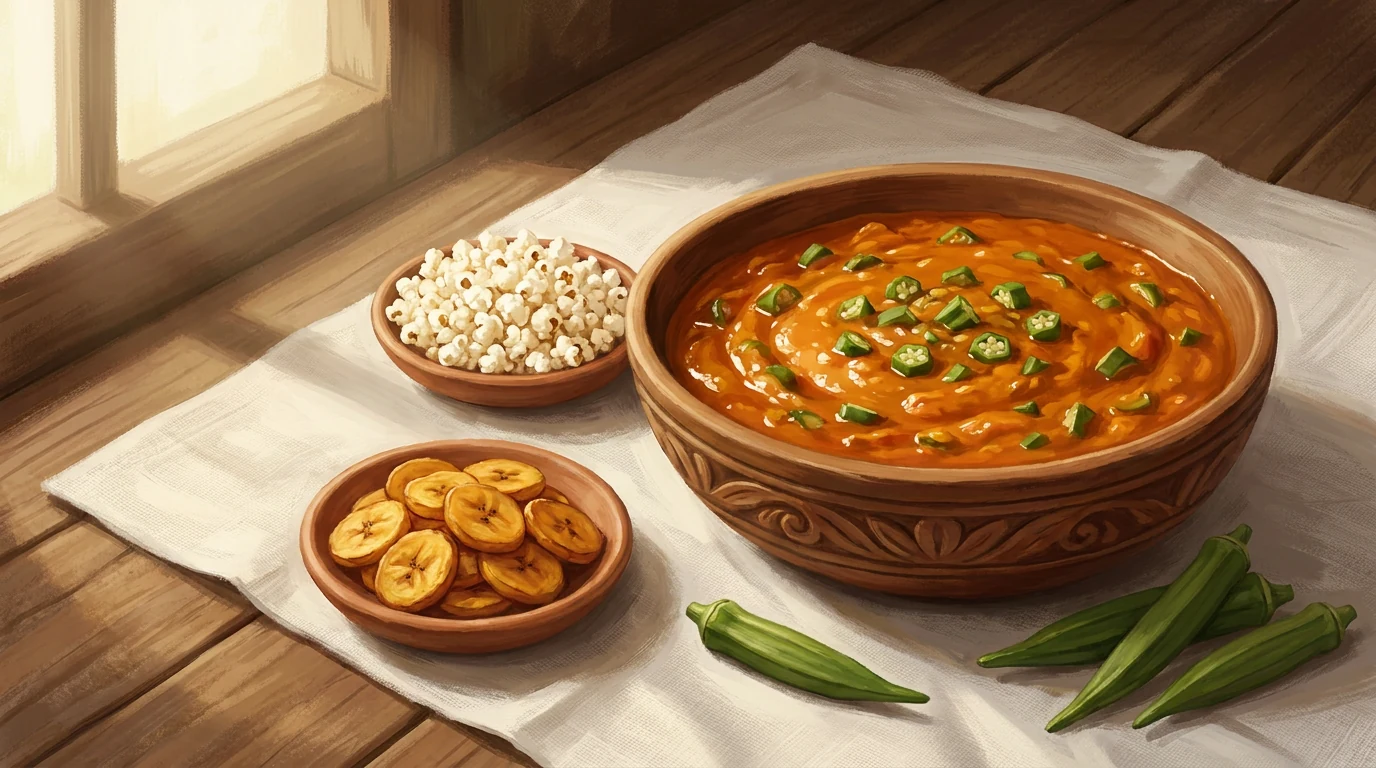 Pintura de uma gamela com caruru de quiabo no dendê, quiabos inteiros ao lado e pratos de barro com pipoca e banana-da-terra frita sobre pano branco.