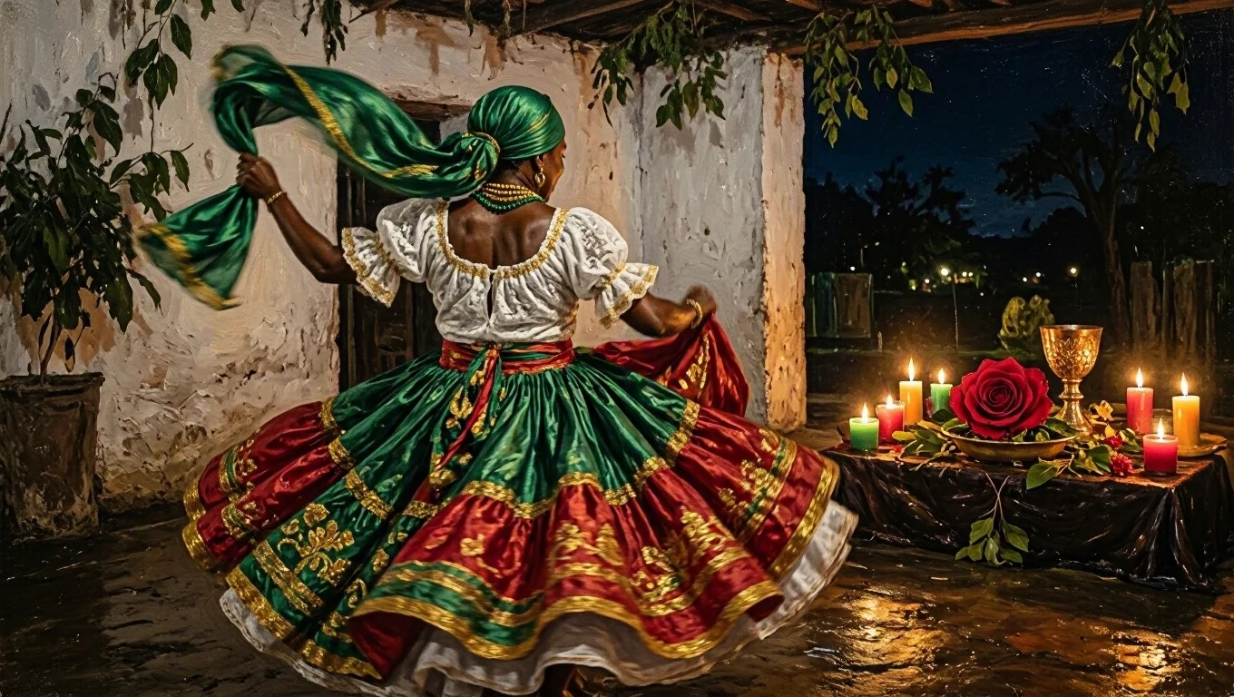 Painting of a dancer seen from behind, with a green headscarf and a flared green, red, and gold skirt, spinning in a whitewashed terreiro at night, next to a low altar with candles, a red rose, and a chalice.