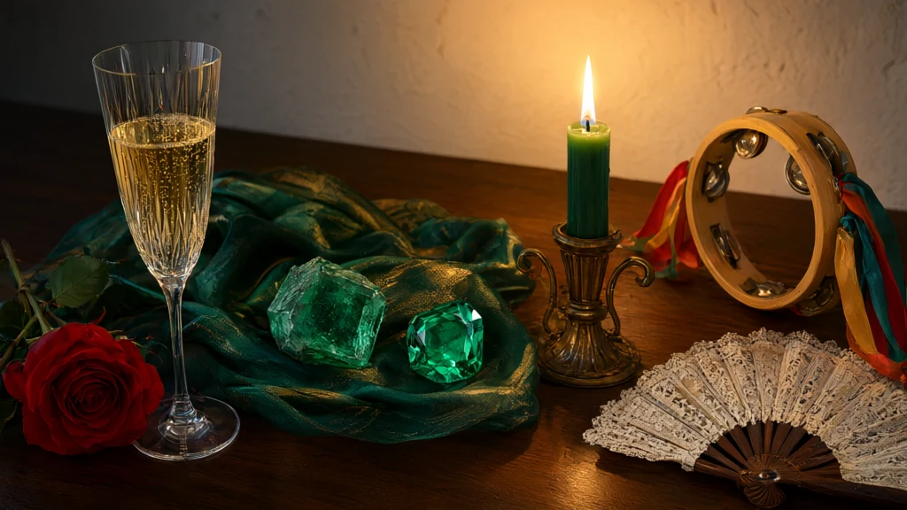 Two emerald stones on a green and gold silk handkerchief, with a colorful ribbon pandeiro, an open lace fan, a champagne glass, an open red rose, and a lit green candle.