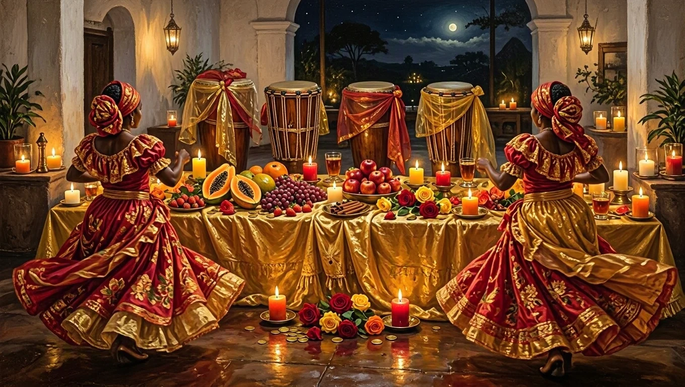 Painting of a Romani festival in a whitewashed terreiro at night: two dancers from behind, in full red and gold skirts, spin in front of a table full of fruits, liqueurs, roses, and candles, with atabaques decorated with gold and red ribbons.