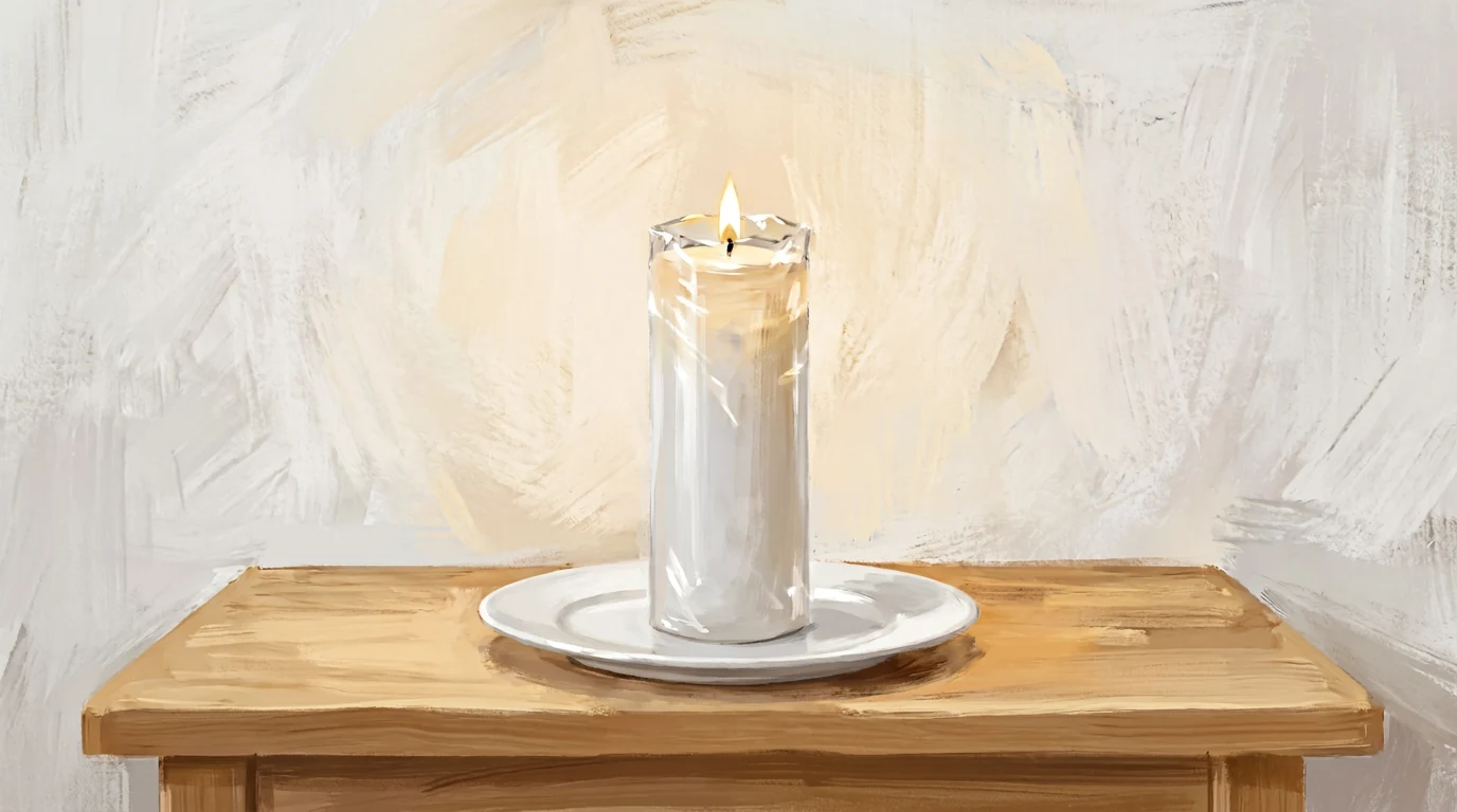 Pintura de uma vela branca de sete dias acesa num prato de louça, com o corpo ainda no celofane e o topo aberto.