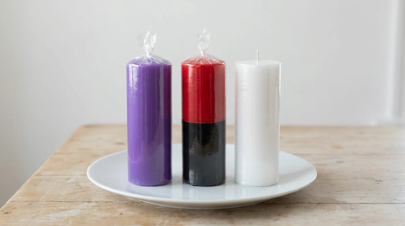 Três velas de sete dias no celofane sobre prato branco, uma roxa e uma vermelha e preta fechadas, e uma branca com só o topo aberto e o pavio à mostra.