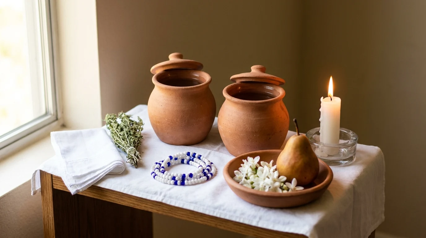 Assentamento de orixá cuidado em casa com quartinha de água limpa, vela acesa e ferramentas de axé sobre pano branco.