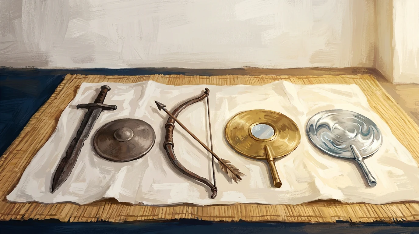 Painting of orixá tools on white cloth and straw mat: sword and shield of Ogum, bow and arrow of Oxóssi, golden abebê of Oxum and silver abebê of Iemanjá.