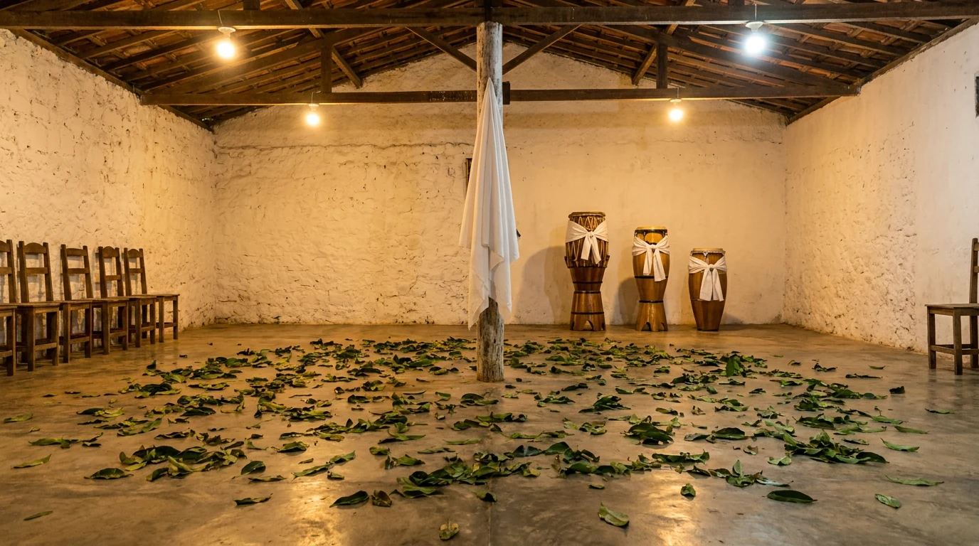 Empty Candomblé barracão with whitewashed walls, a white cloth hanging on the central pillar, three atabaques with white ribbons against the wall, wooden chairs and green leaves on the floor.