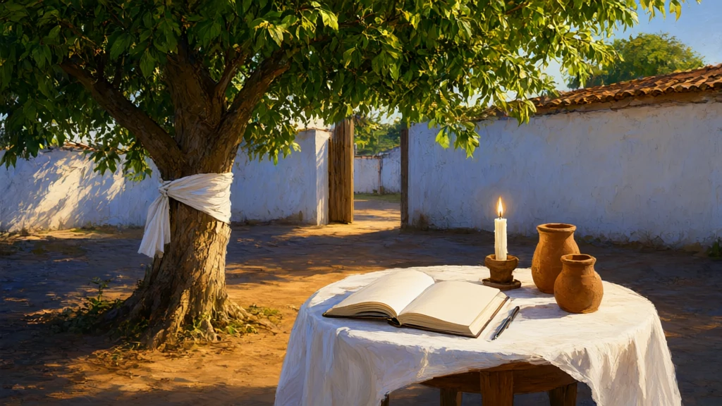 Mesa com pano branco no pátio de um terreiro, com caderno aberto, vela e quartinhas ao pé da árvore sagrada, em pintura de arte sacra