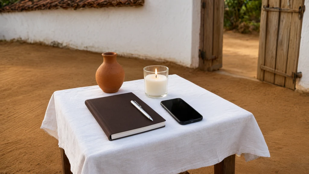 Mesa pequena com pano branco diante do portão de um terreiro, com caderno e caneta, celular de tela apagada, vela branca acesa e uma quartinha de barro