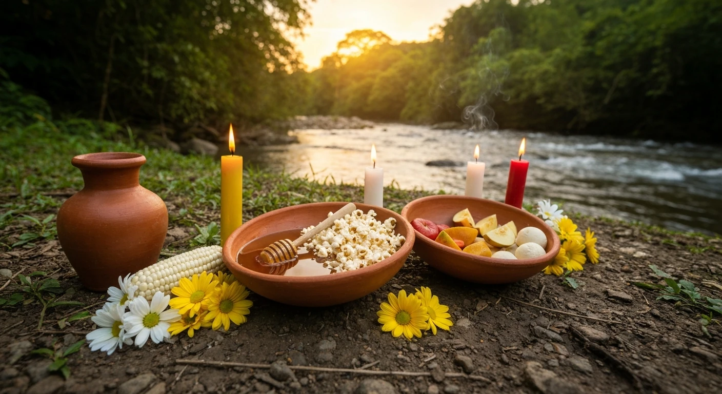 Oferenda aos orixás disposta à beira do mar com alguidar de barro, frutas, velas acesas e flores brancas sobre a areia.