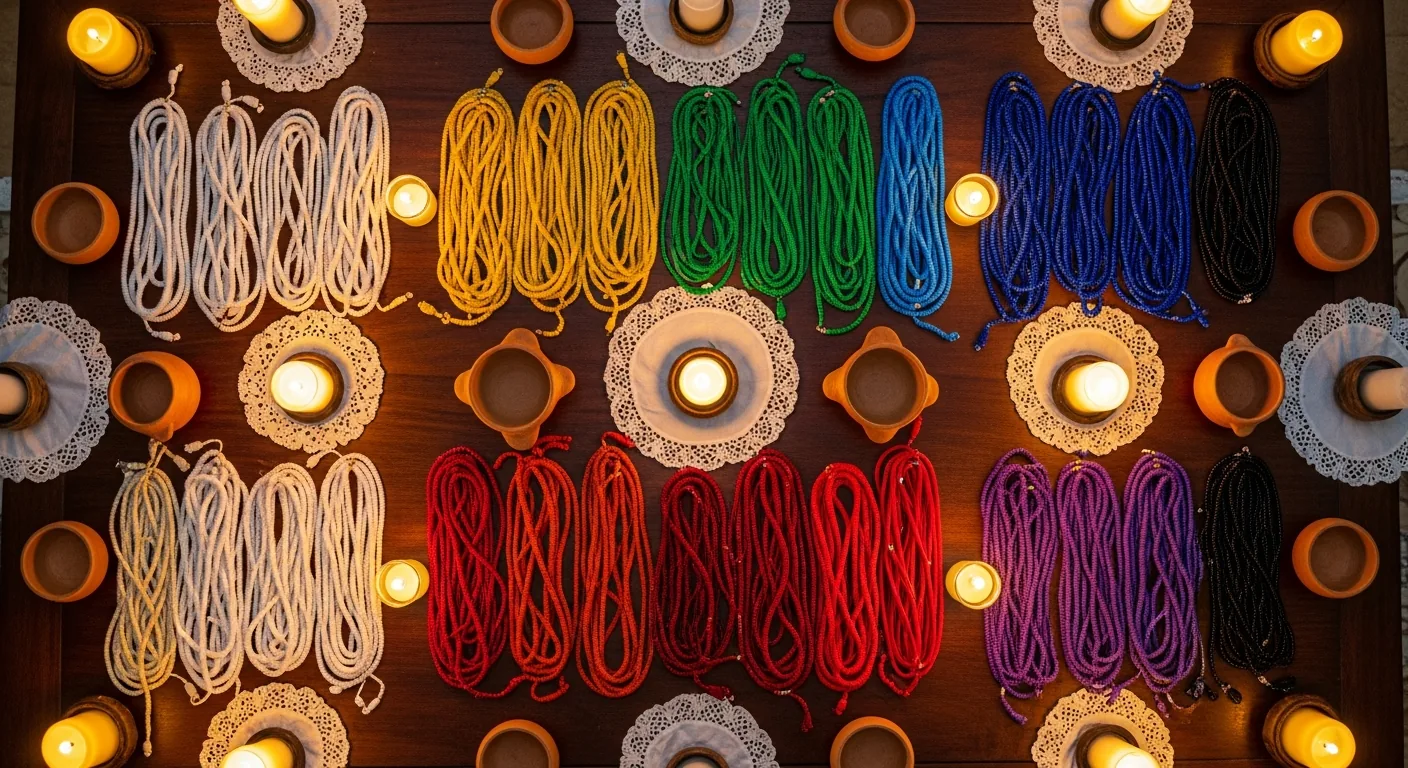 Guias de contas e velas nas cores dos orixás dispostas lado a lado, do branco de Oxalá ao azul e amarelo das águas.