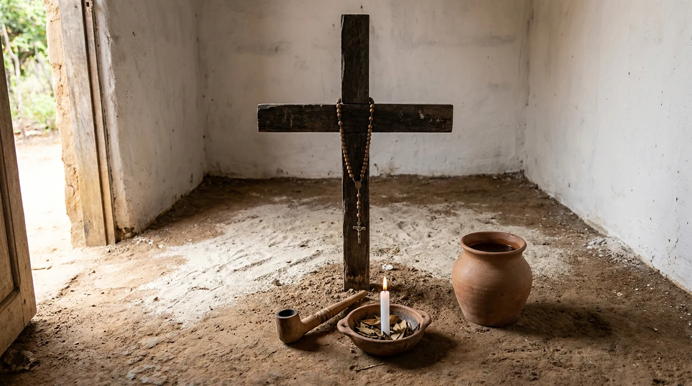 Cruz simples de madeira cravada no chão de terra batida, com rosário pendurado, quartinha de barro, cachimbo, alguidar e uma vela branca acesa, no canto das almas de um terreiro de umbanda.