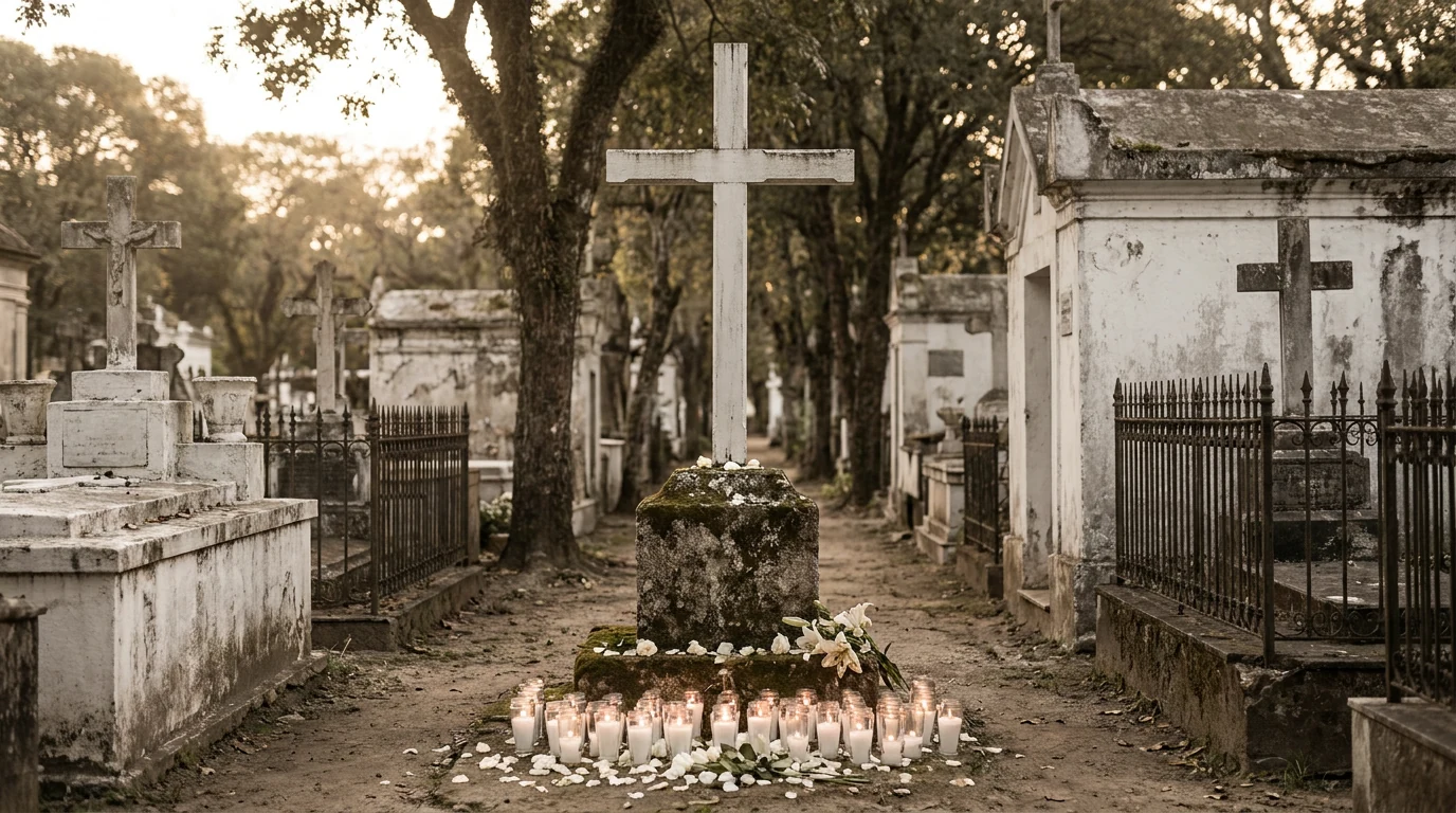 Cruzeiro das almas pintado de branco sobre base de pedra na alameda de um cemitério antigo, com velas brancas acesas em copos de vidro e flores brancas ao pé da cruz.