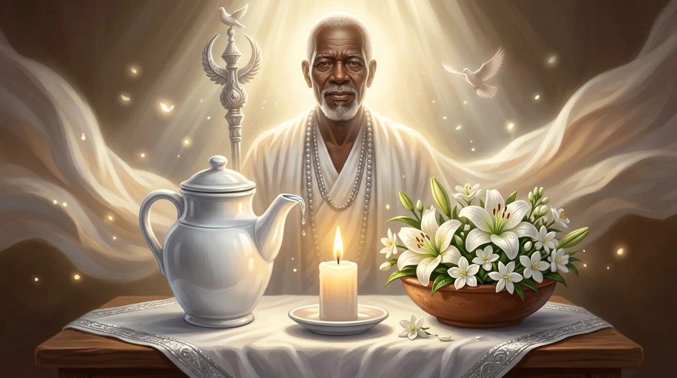 Firmeza and osé of the orixá at home with a quartinha of clean water, a lit white candle, flowers and the divine presence of Oxalá
