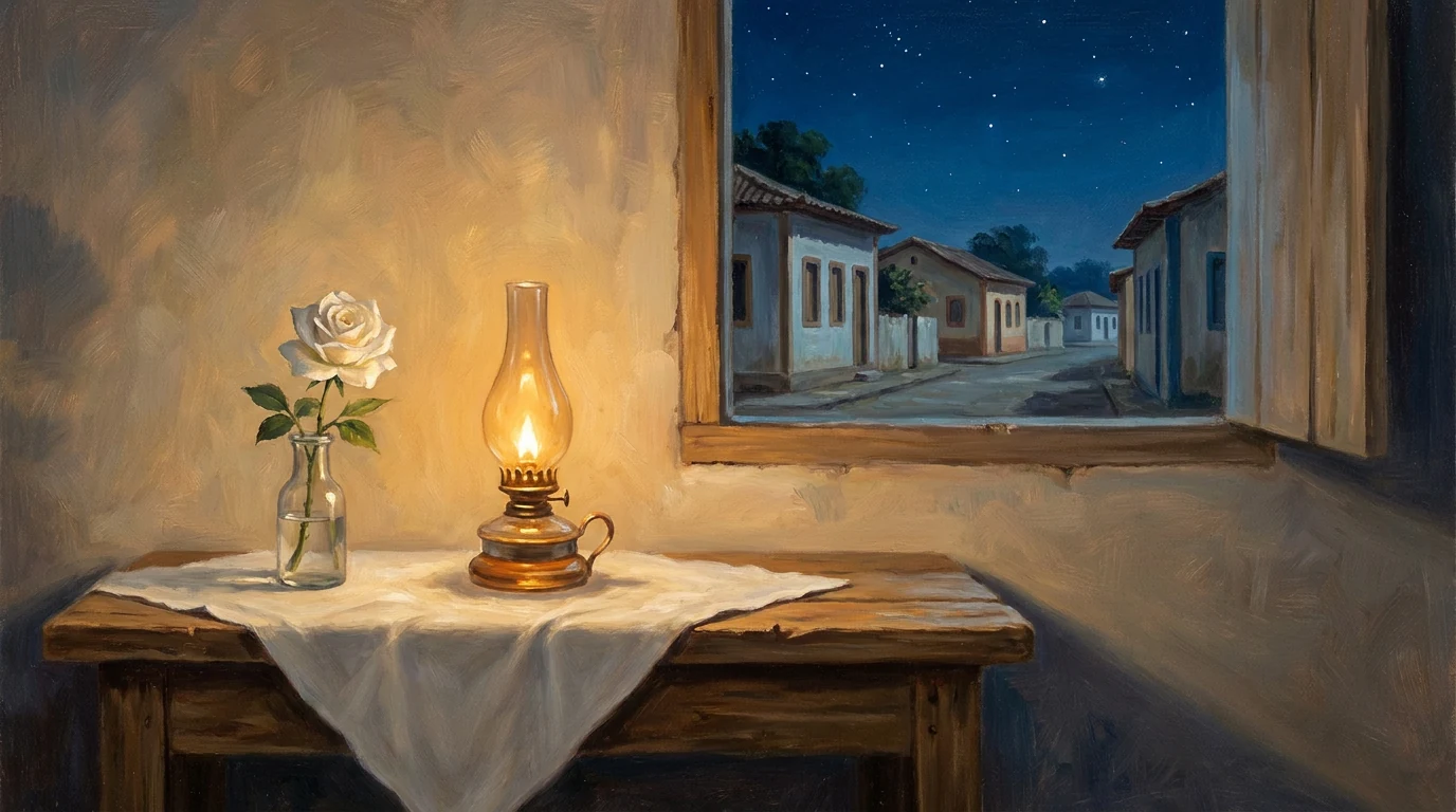 Pintura de mesa com toalha branca, rosa branca num copo e lampião aceso diante de janela noturna.