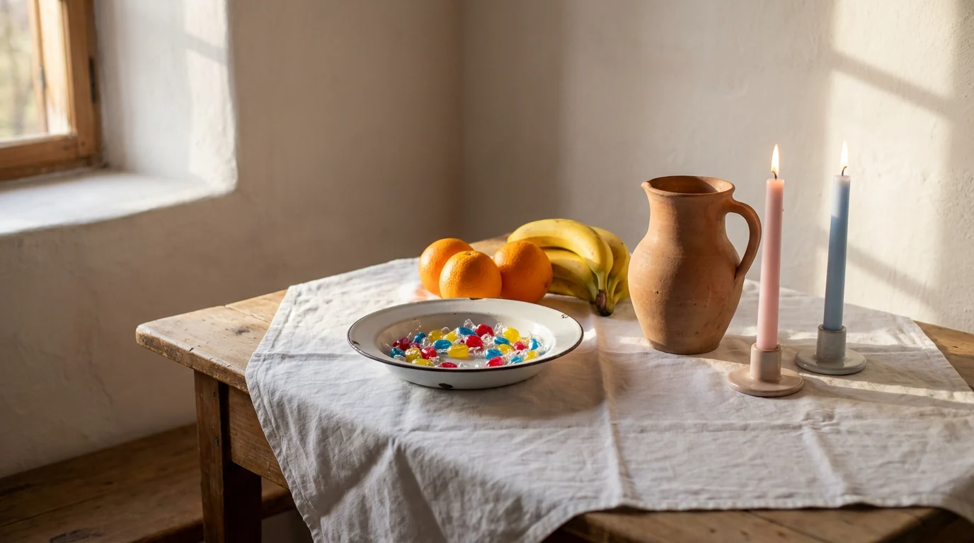 Mesa forrada de toalha branca com doces embrulhados, frutas e duas velas acesas, montada para o dia 27 de setembro.