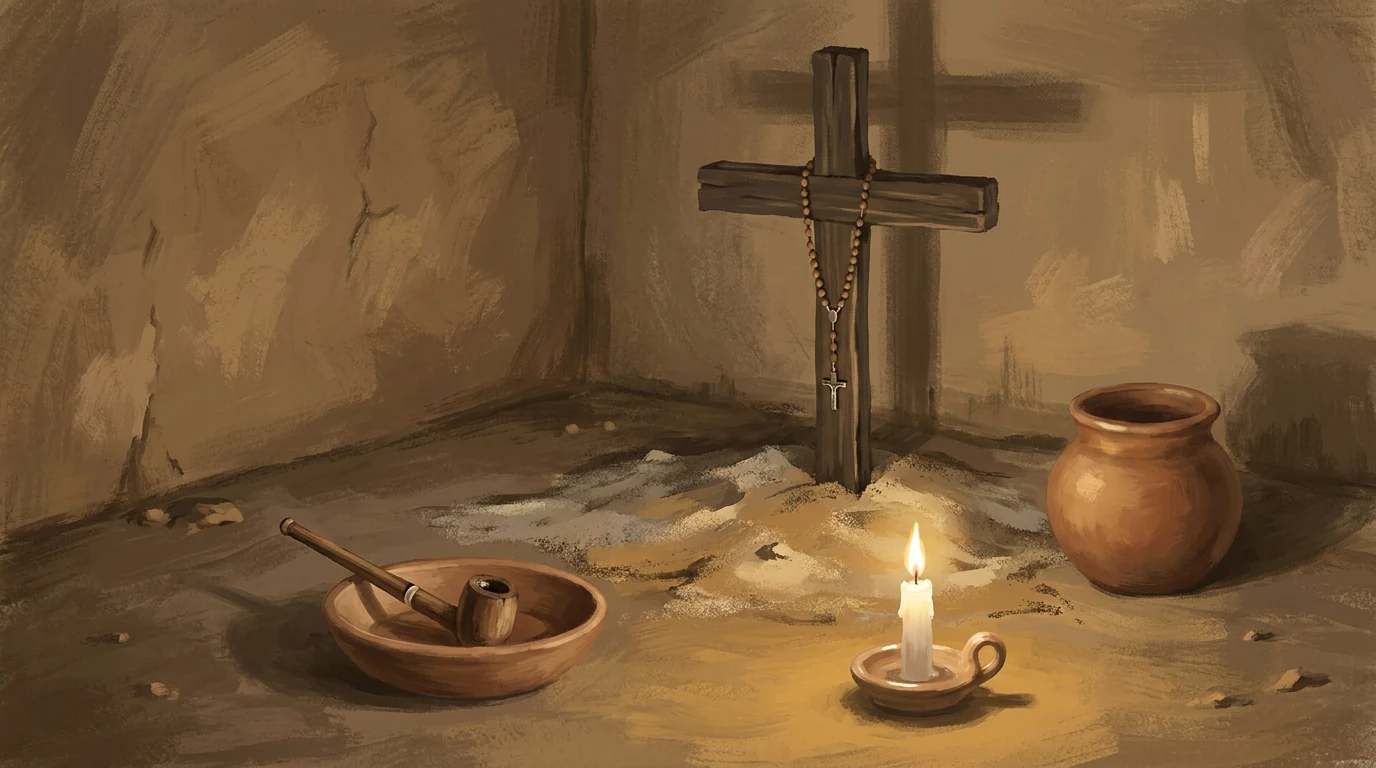 Canto da casa das almas num terreiro de umbanda, com cruz de madeira cravada na terra, rosário pendurado, quartinha de barro, cachimbo e uma vela branca acesa.
