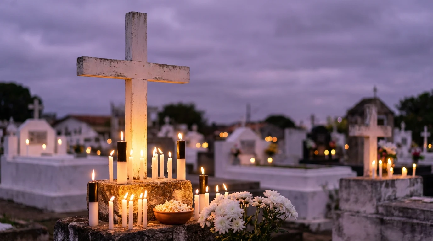 Cruz branca de madeira num cemitério ao anoitecer do Dia de Finados, com velas brancas e velas preta e branca acesas na base de pedra, flores brancas e uma tigela de barro com pipoca.