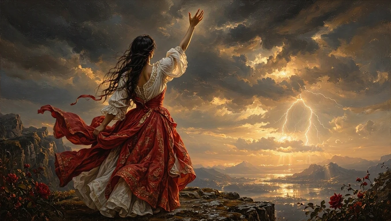 Pintura sacra de uma mulher de costas, de vestido vermelho e branco, com o braço erguido sob um céu de tempestade e o vento nas vestes