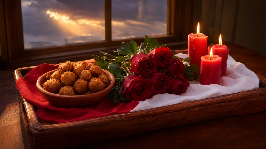 Tabuleiro de madeira forrado com pano vermelho e branco, com rosas vermelhas, velas acesas e acarajés pequenos e redondos, sob uma luz de fim de tarde.