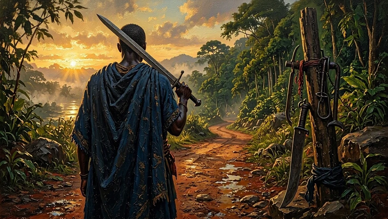 Pintura sacra de um guerreiro de roupa azul-escura, de costas numa estrada de terra ao amanhecer, com a espada apoiada no ombro diante da mata.