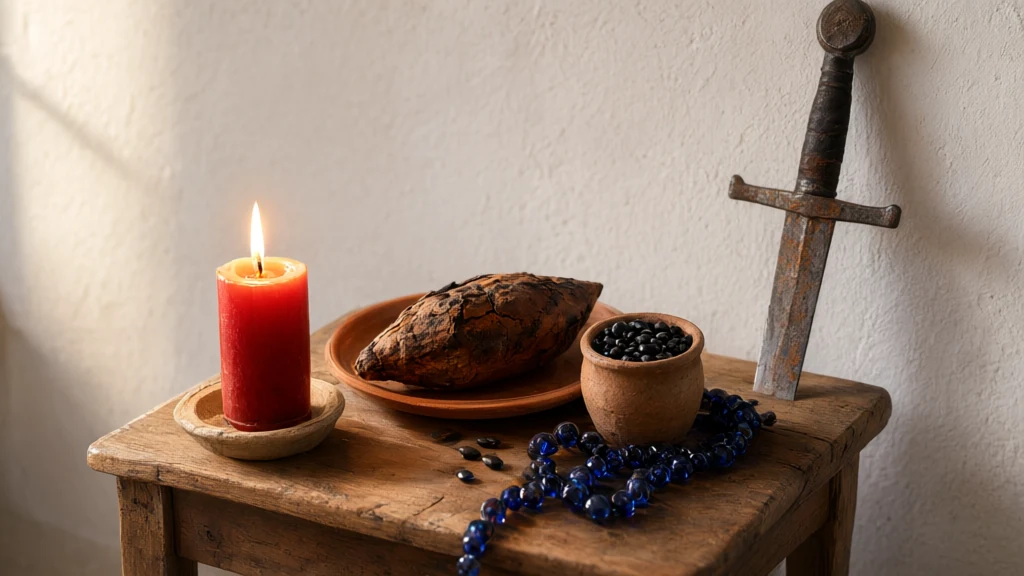 Mesa de madeira junto a uma parede caiada com uma vela vermelha acesa num pires de barro, um inhame assado, uma panela de barro com feijão e uma espada de ferro reta encostada na parede.