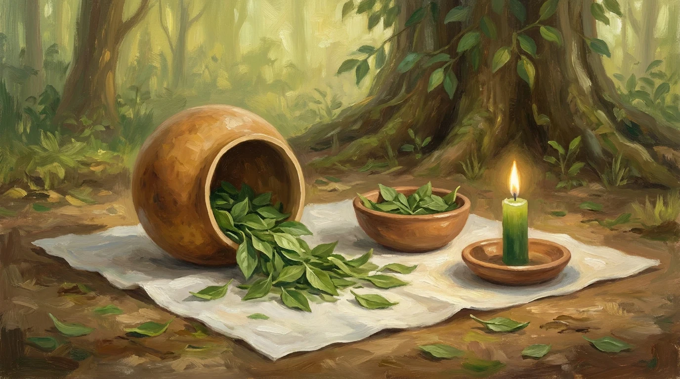 Pintura sacra de uma cabaça tombada com folhas verdes sobre pano branco na mata, ao lado de uma vela verde acesa