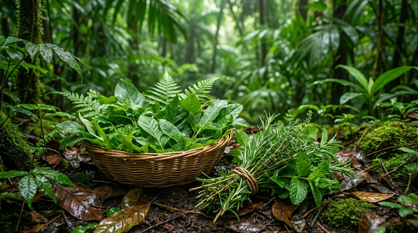 Cesta de vime com folhas frescas e um maço de ervas amarrado com cipó sobre a terra escura de uma mata, com folhagem desfocada ao fundo.