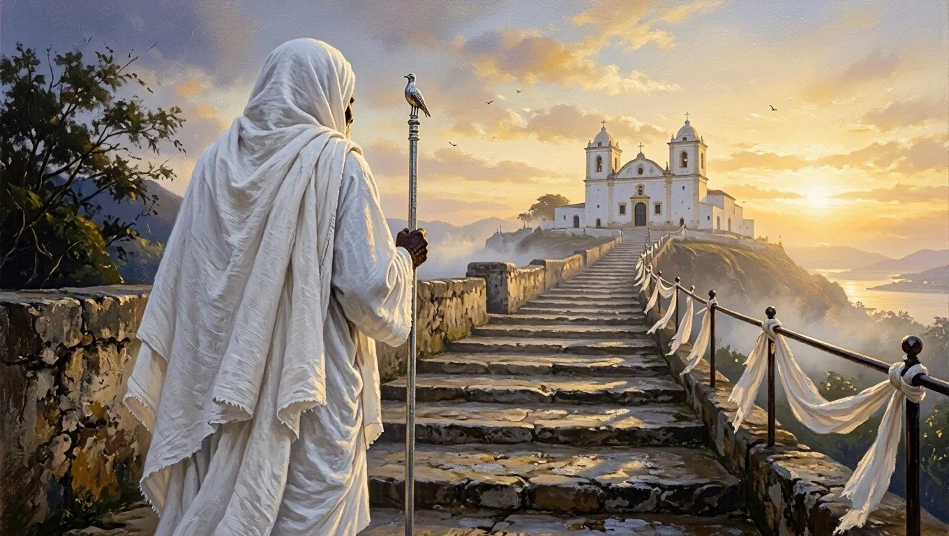 Pintura de Oxalufã de costas, vestido de branco, subindo a escadaria de pedra rumo a uma igreja caiada ao amanhecer.