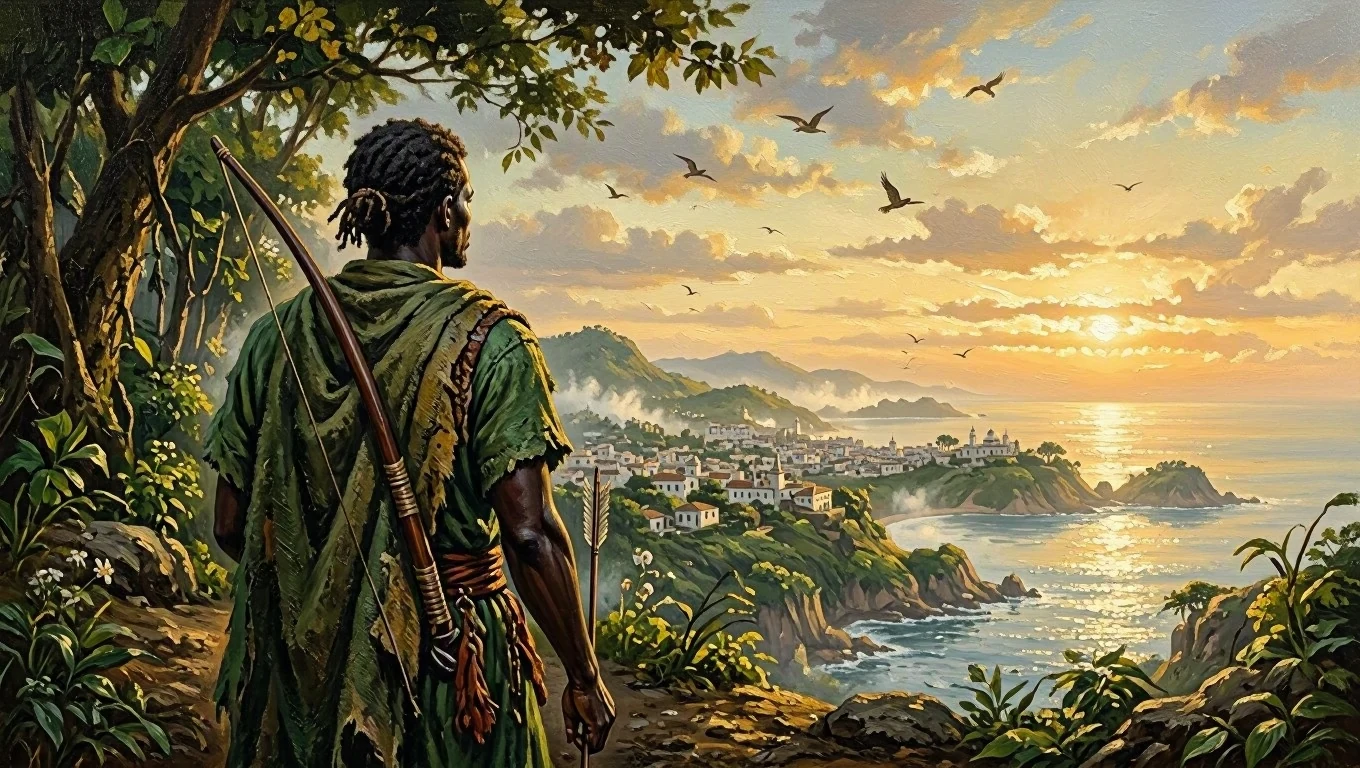 Pintura de um caçador de verde visto de costas na borda da mata ao amanhecer, com arco no ombro, olhando uma cidade entre morros e o mar.