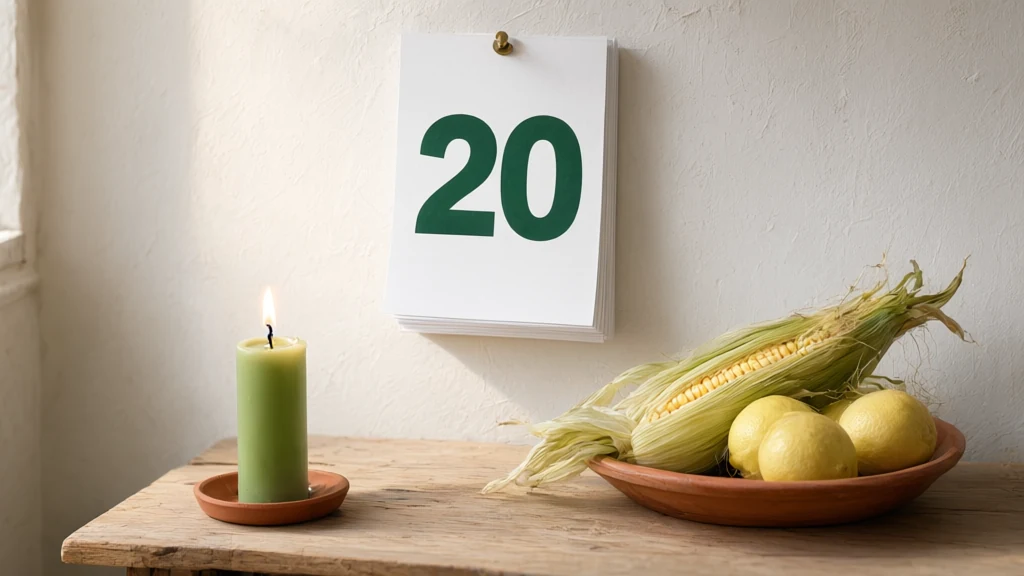 Bloco de calendário numa parede caiada com o número 20 em verde e, sobre a mesa de madeira, uma vela verde acesa num pires de barro, uma espiga de milho e frutas amarelas.