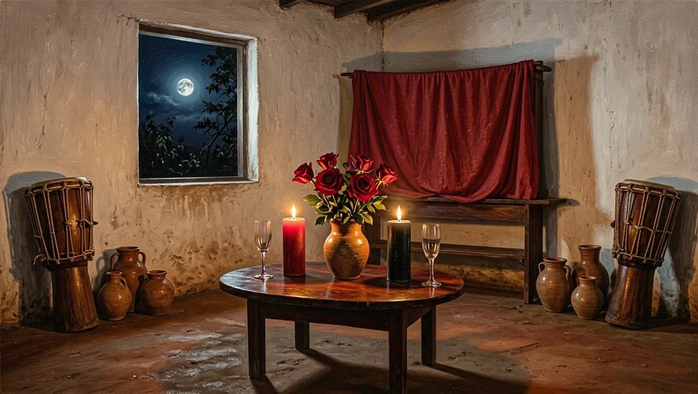 Painting of a whitewashed Umbanda terreiro at night, with a closed red curtain congá, atabaques against the wall, lit red and black candles, red roses and a full moon in the window