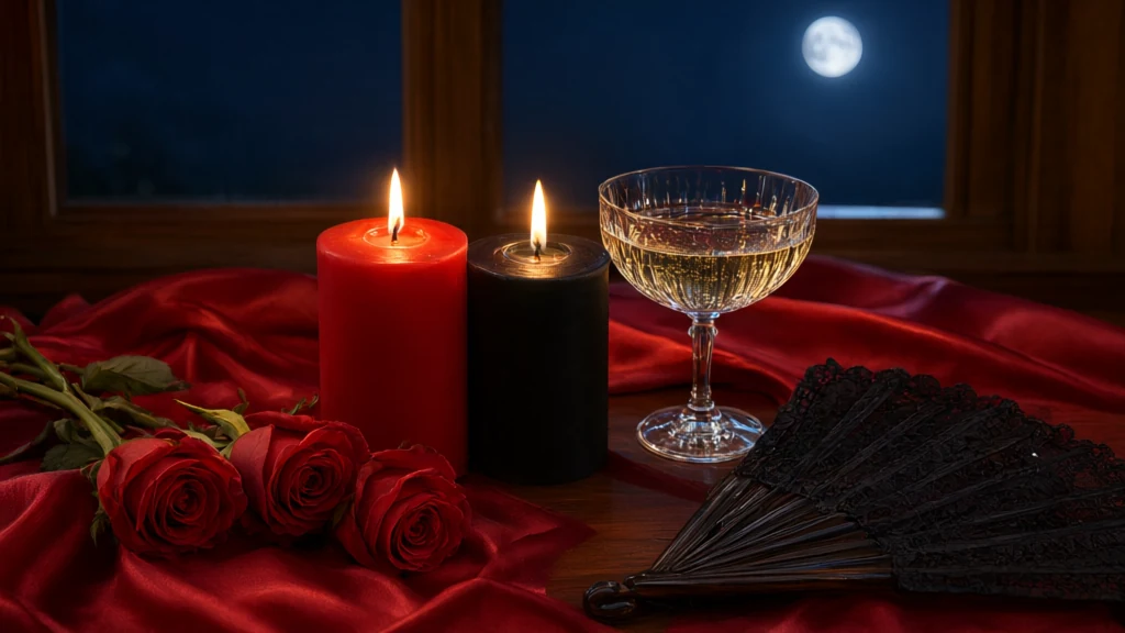 A red candle and a black candle lit on red satin, with open red roses, a champagne glass and an open black lace fan, in front of a window with a full moon.