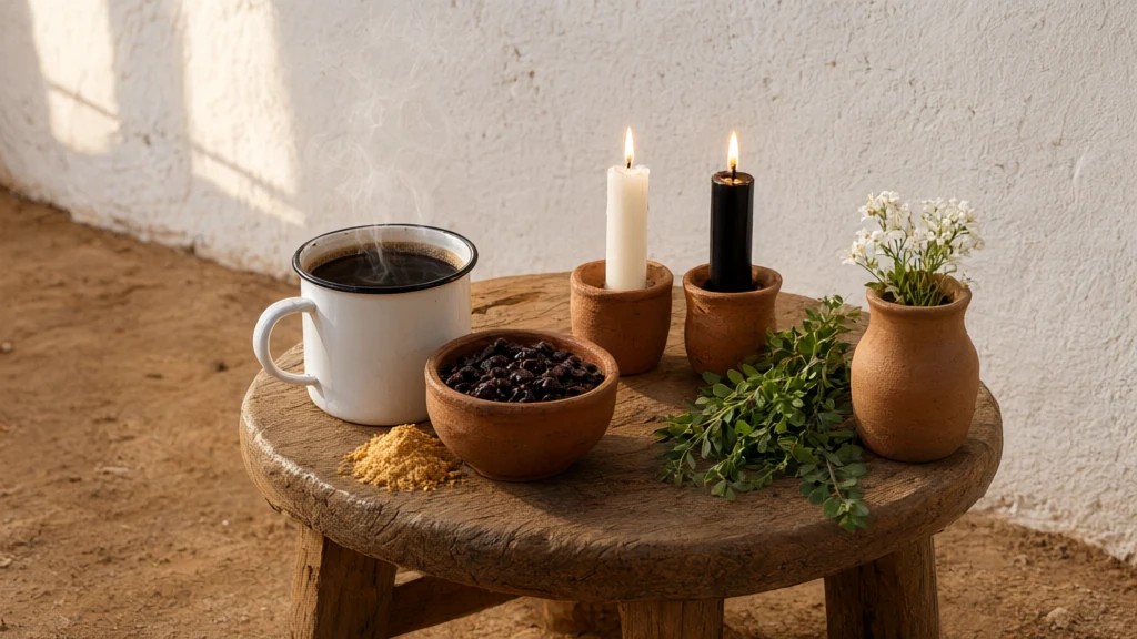 Banquinho de madeira com caneca de café, tigela de feijão, farofa, velas branca e preta, ramo de arruda e flores brancas diante de parede caiada.