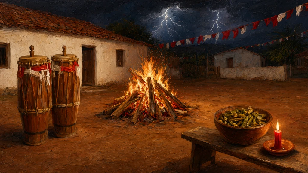 Sacred painting of a whitewashed terreiro courtyard at night, with a lit bonfire, two atabaques with red and white ribbons, a gamela of okra and a red candle under lightning.