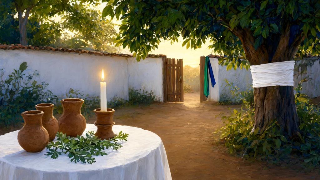 Vela branca e quartinhas com folhas sobre mesa com pano branco no pátio de um terreiro, em pintura de arte sacra